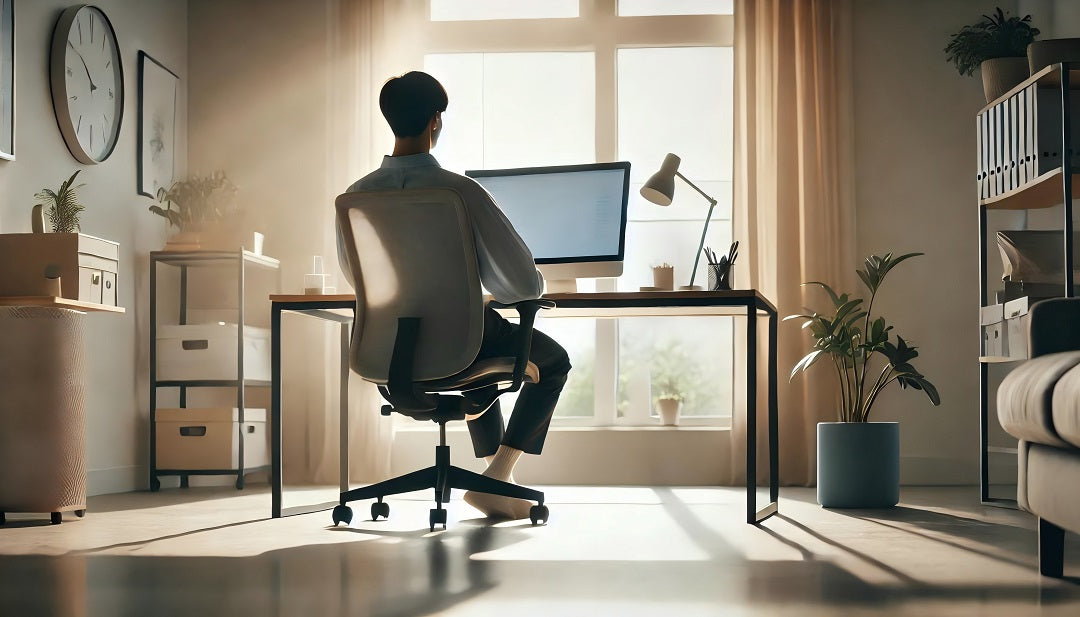 a man sits on an office chairs, which is in front of the desk. He is thinking how to improve the psture with proper sitting positions. 