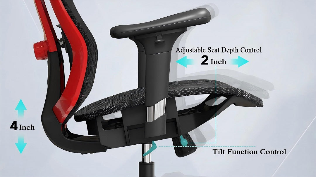 Close-up view of an ergonomic chair featuring adjustable seat depth control (2 inches), height adjustment (4 inches), and tilt function control, highlighting the customizable features for enhanced user comfort and posture support.