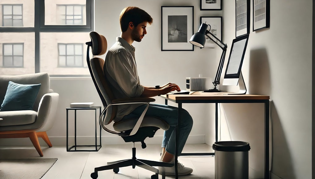 a programmer sitting on an ergonomic chair is working, with a computer desk on the desk.