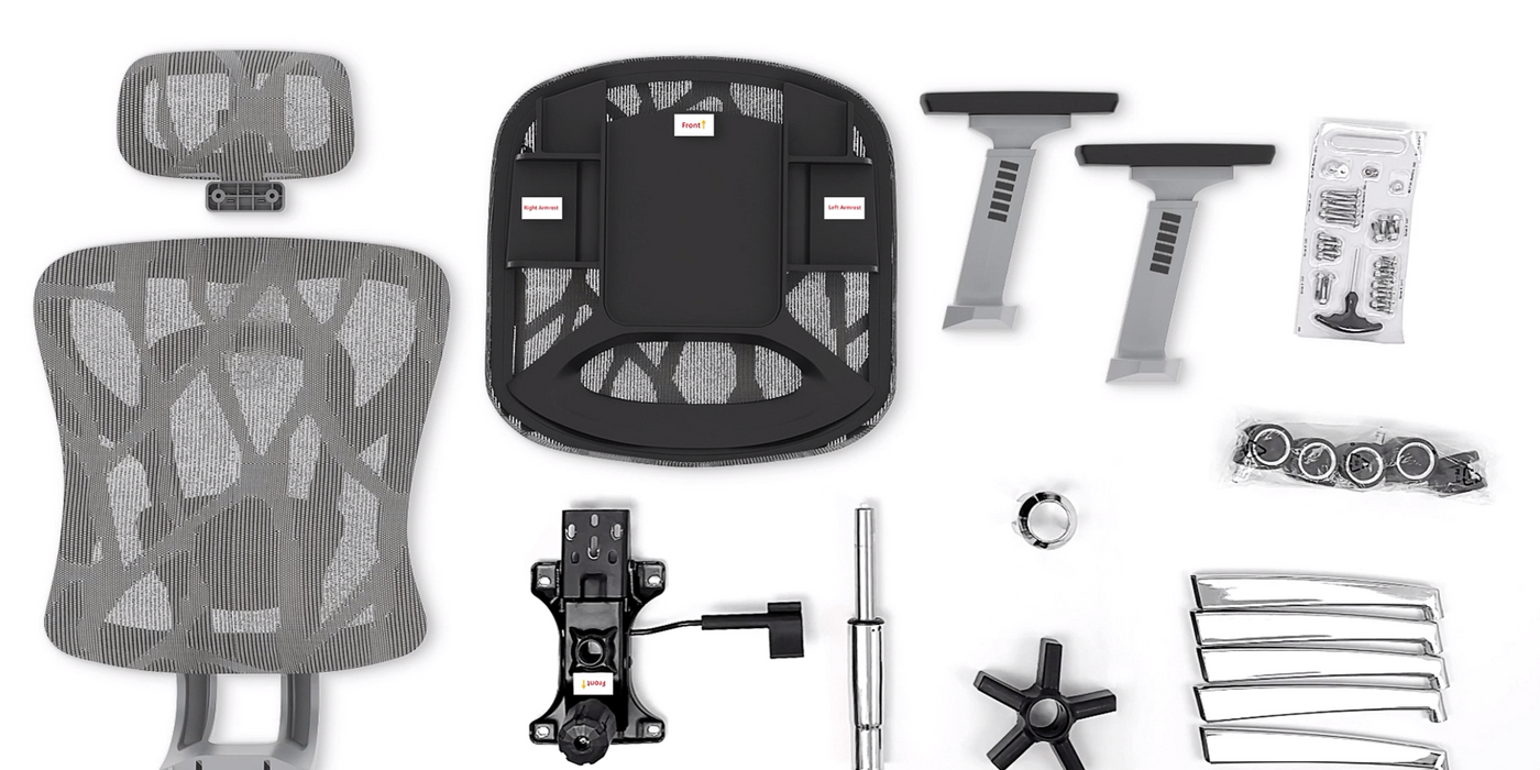 This image shows the disassembled components of a Logicfox ergonomic chair. It includes the headrest, backrest, seat base, armrests, tilt mechanism, gas lift, caster wheels, and various metal parts and screws needed for assembly.