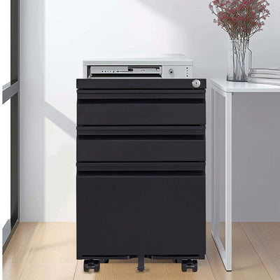 Anti-Tilt Mobile File Cabinet - Lockable Drawers Black