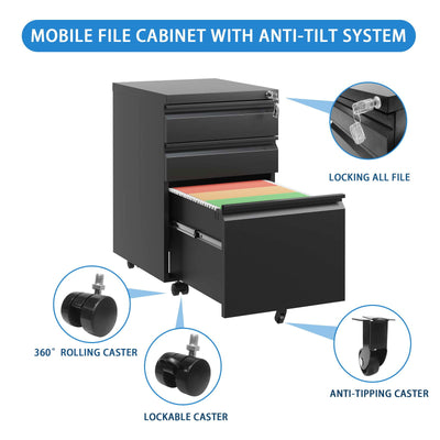 Anti-Tilt Mobile File Cabinet - Lockable Drawers