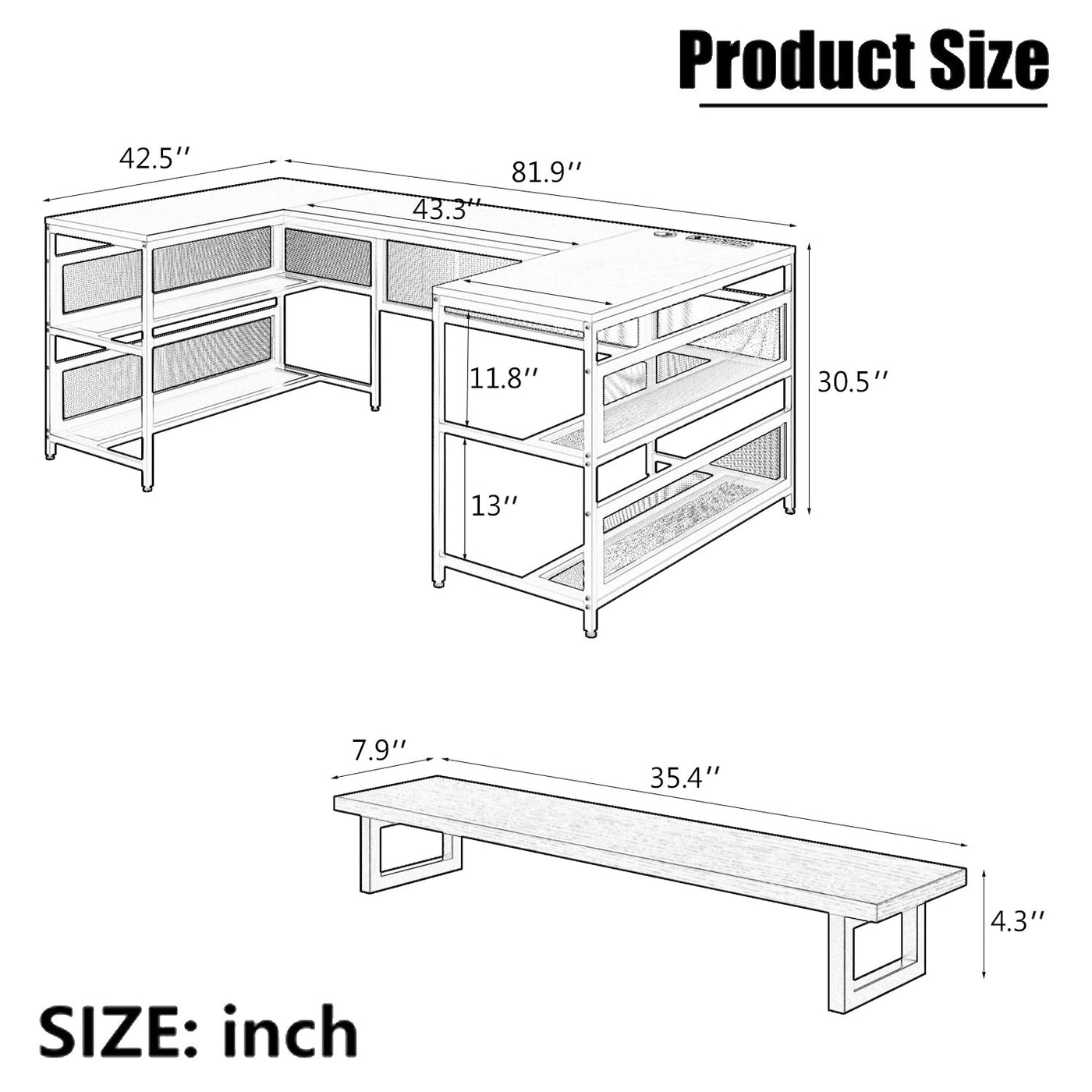 LED Lit U-Shaped Desk with Shelves