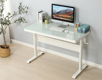 Logicfox Hand Crank Standing Desk White Tempered Glass