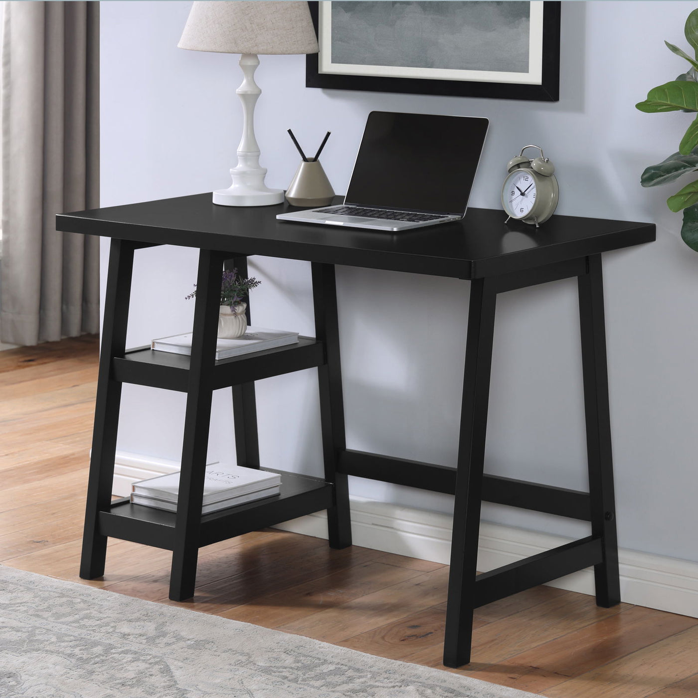 Sleek Workspace Desk with Shelving Black