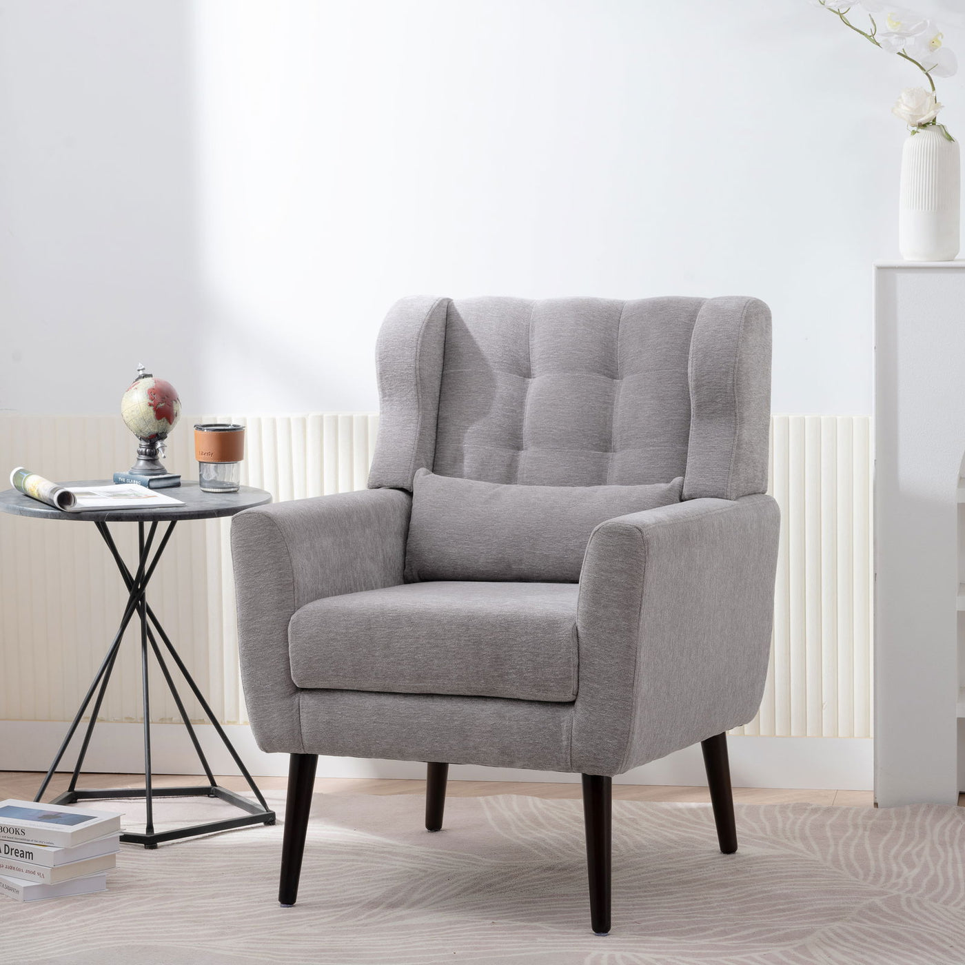 Solid Wood Upholstered Armchair with Pillow Gray