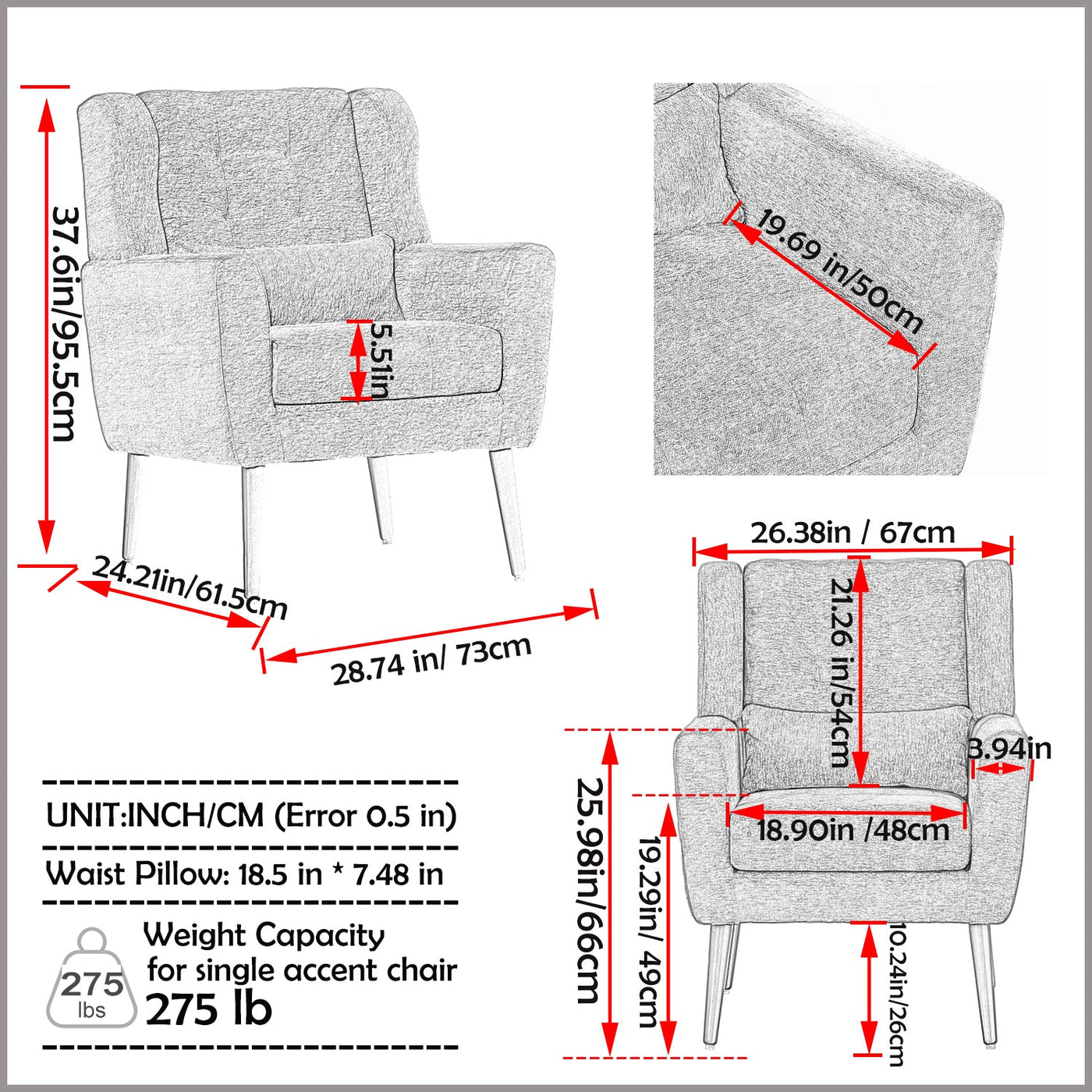 Solid Wood Upholstered Armchair with Pillow