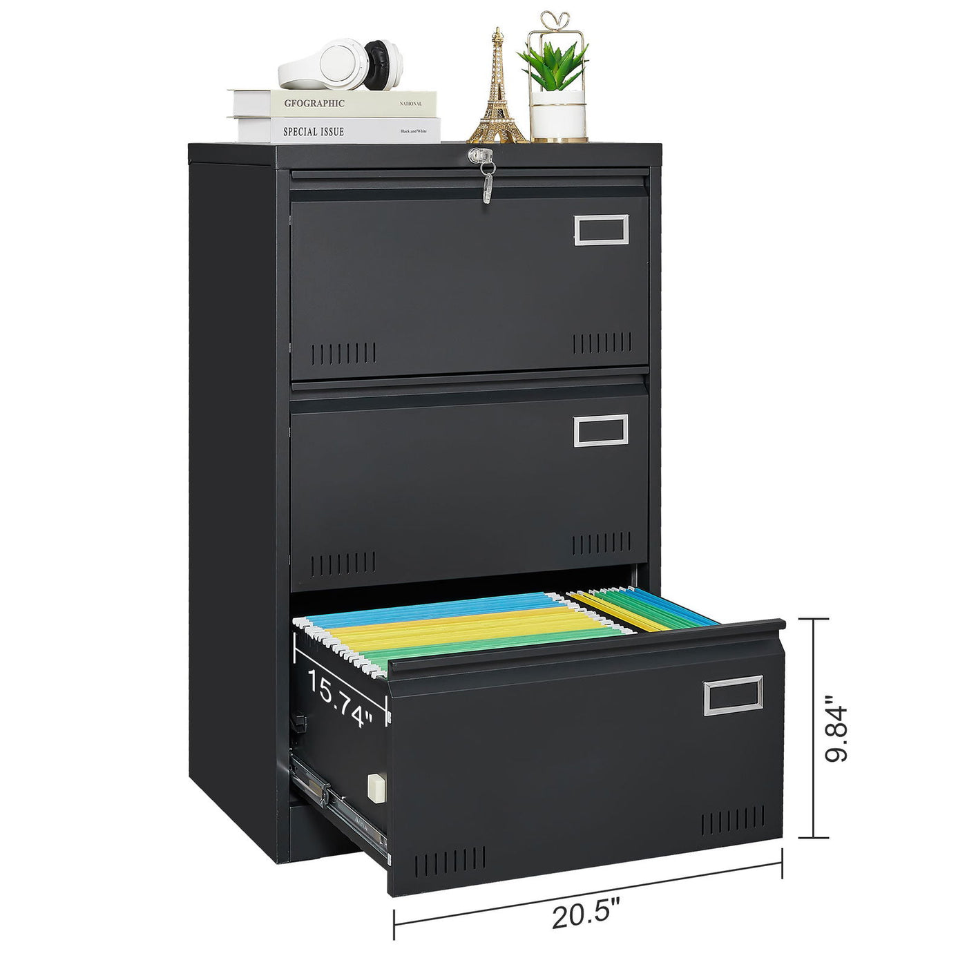 Spacious 3-Drawer Lockable File Cabinet - Dual File Bars