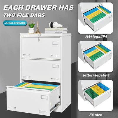 Spacious 3-Drawer Lockable File Cabinet - Dual File Bars White